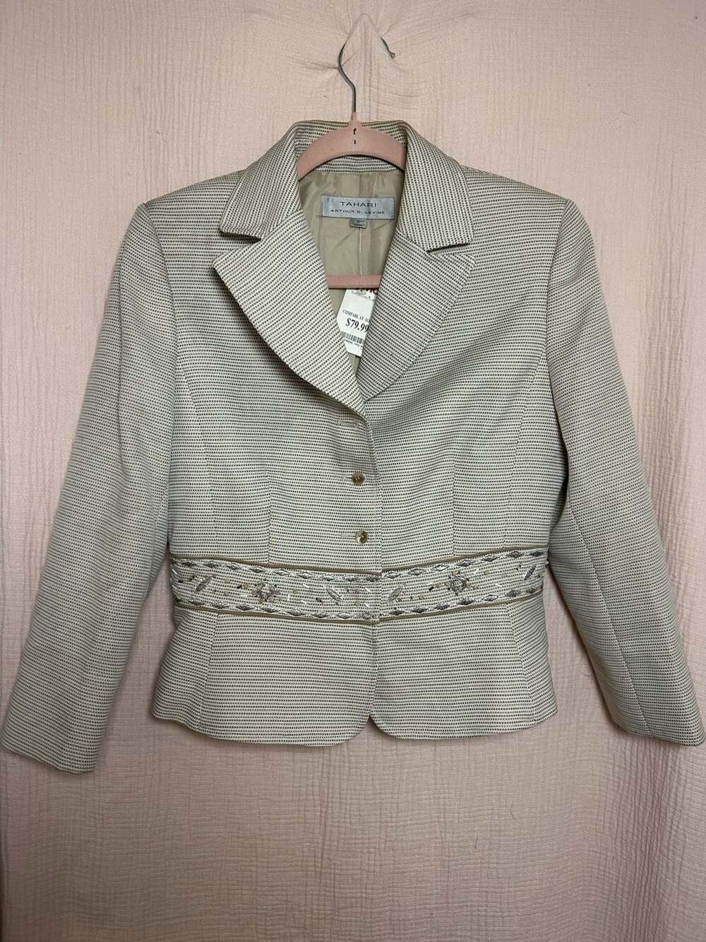 Tahari Arthur S. Levine Blazer Beaded Trim Size 4 Neutral Textured